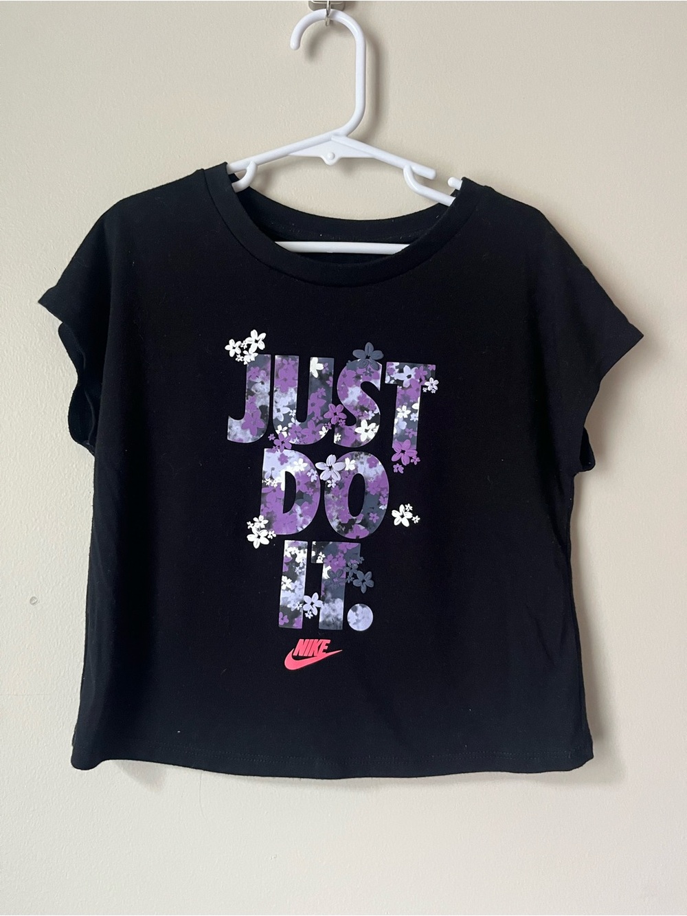 Nike Black Tee with Purple Floral "Just Do It" Graphic